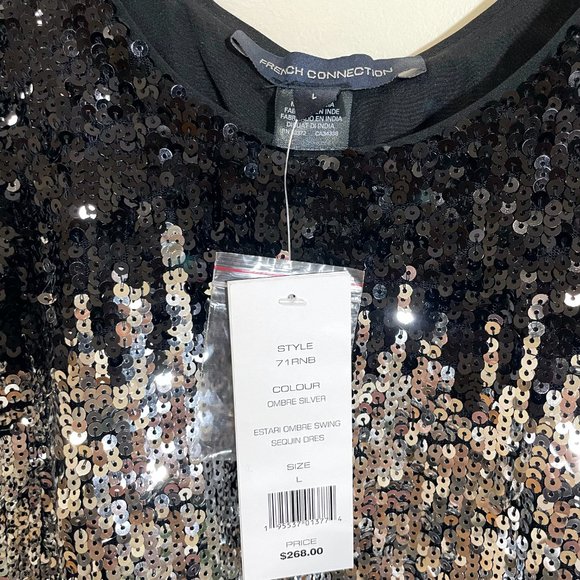 French Connection Estari ombre swing mini dress in silver & black Size L - Picture 5 of 7